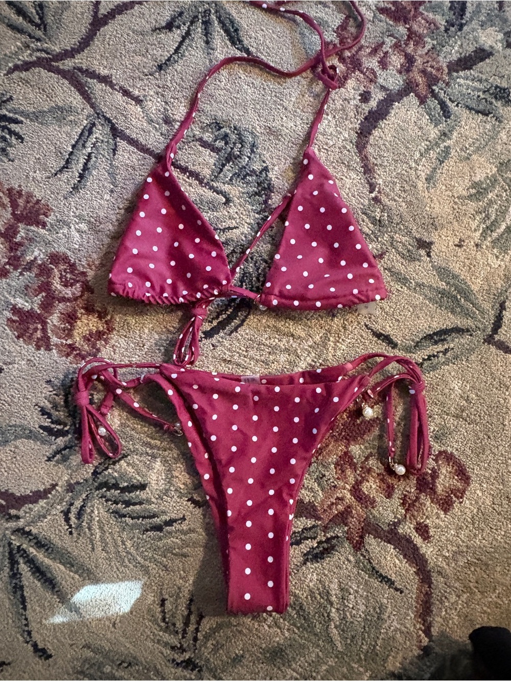 NEVER WORN- Burgundy Polka Dot Tie-Side Triangle Bikini Set